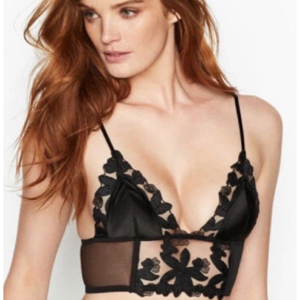 Victoria's Secret Luxe Floral Embroidered Long line Bralette Black XS B70 NEW